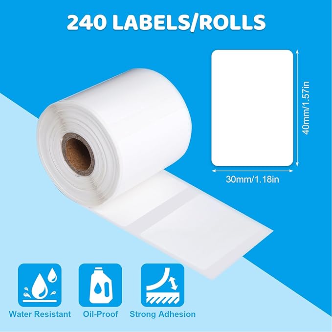 3 Rolls Thermal Label Print Stickers 1.57"x1.18" (40x30mm) Waterproof Self-Adhesive Labels for Printers - 240 Per Roll (White)