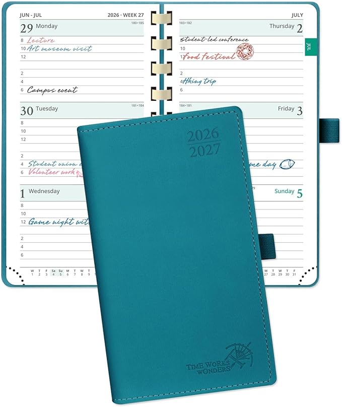 POPRUN Pocket Planner 2026-2027 (Slim Size 3.5'' x 6.5'') Academic Purse Calendar (July 2026 - June 2027) with Hourly Time Slots, 100GSM Thick Paper, Spiral Soft Cover - Pacific Green