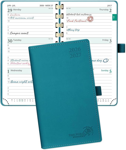 POPRUN Pocket Planner 2026-2027 (Slim Size 3.5'' x 6.5'') Academic Purse Calendar (July 2026 - June 2027) with Hourly Time Slots, 100GSM Thick Paper, Spiral Soft Cover - Pacific Green