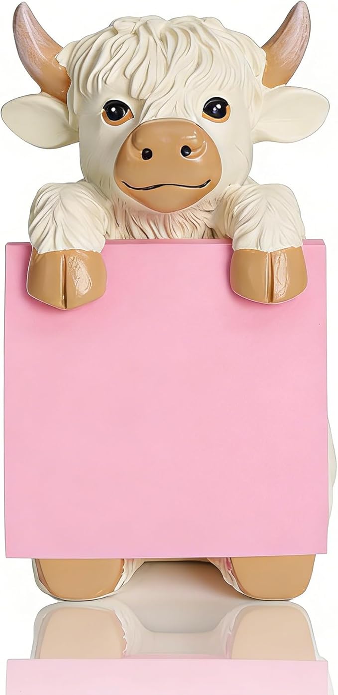 Highland Cow Pop-Up Sticky Note Dispenser with 100 Sheets 3 x 3 Inch Notes, Handmade Resin Highland Cow Desk Decor for Office, Home & Classroom, Gift for Teachers & Coworkers - Beige