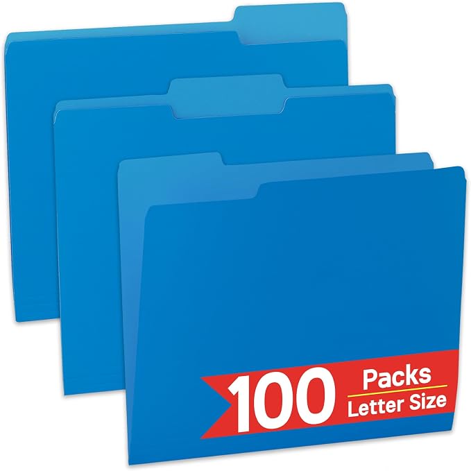 VZCPYTPM 100 Packs Blue File Folder,1/3-Cut Tabs,Heavy Duty Paper File Folders Letter Size,8.5x11 Inch Manilla File Folders for Office Filing,School Projects and Home Document Organizing
