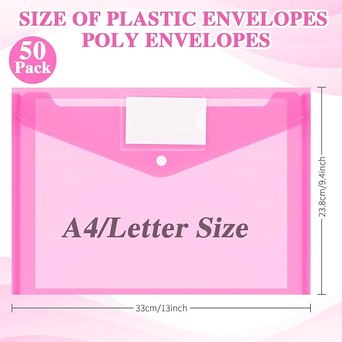 Yeaqee 50 Pcs Plastic Envelopes Poly Envelopes File Folders with Snap Button Closure Clear Folders for Documents US Letter A4 Size Filing Holder with Label Pocket for Home Office School(Pink)