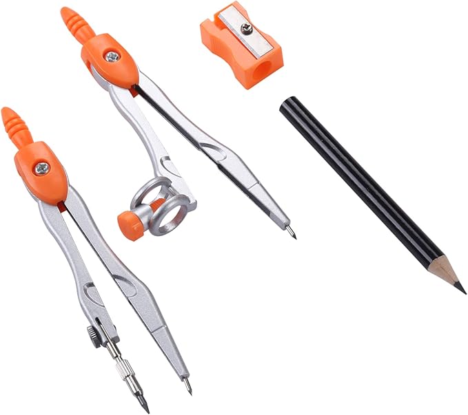 Vobou Math Geometry Kit Sets 10 Piece Student Supplies with Shatterproof Storage Box,Includes Rulers,Protractor,Compass,Eraser,Pencil Sharpener,Lead Refills,Pencil,for Drafting（Orange）