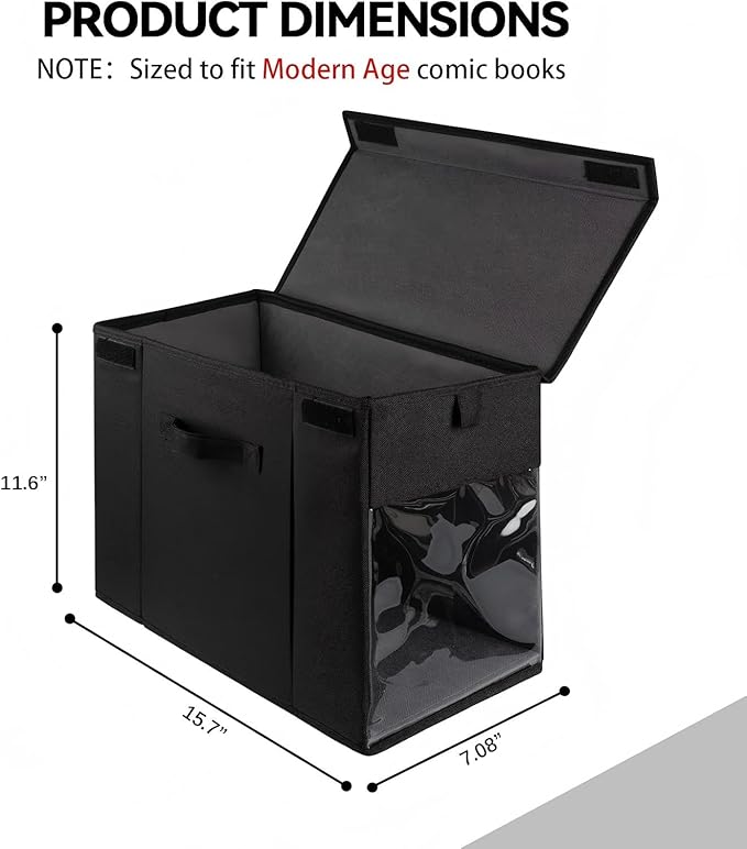 4 Pack Comic Book Storage Box with Lid for Modern Age, Collapsible Magazine Organizer with Clear Window, Heavy Duty Case Container Holder, Black