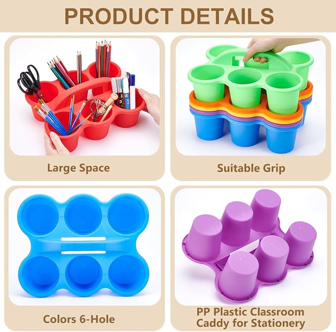UNICRAFTALE 6pcs 6-Hole Colorful Classroom Caddy Plastic Organizer Storage Container Holder with Handle School Supply Caddy for Classroom Home Office Arts & Crafts 11.8"x9.45"x3.3"