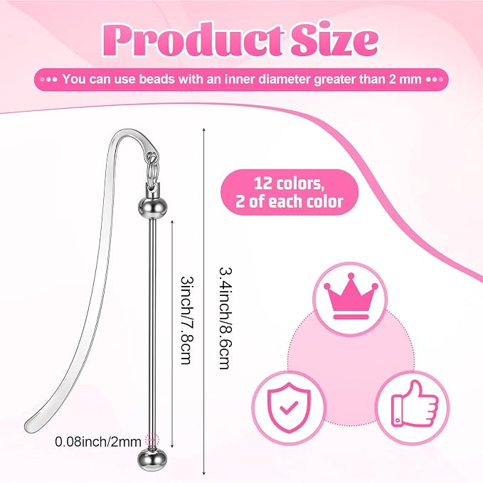 24 Pcs Beadable Bookmarks DIY Metal Blank Bar Bookmark Silver for Beads DIY Bookmarks Craft Jewelry Pendant Charm Gift for Book Lovers Student Teacher Office Supplies, 12 Colors