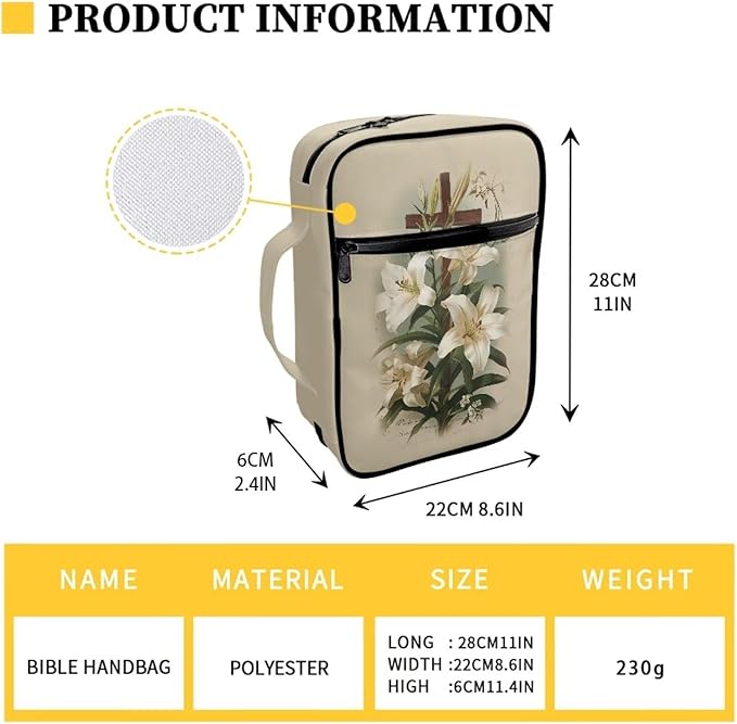 Suobstales Cross Lily Print Bible Covers for Women Men Bible Case Bible Bag and Tote Bible Accessories with Handle and Zippered Pocket Carrying Book Case