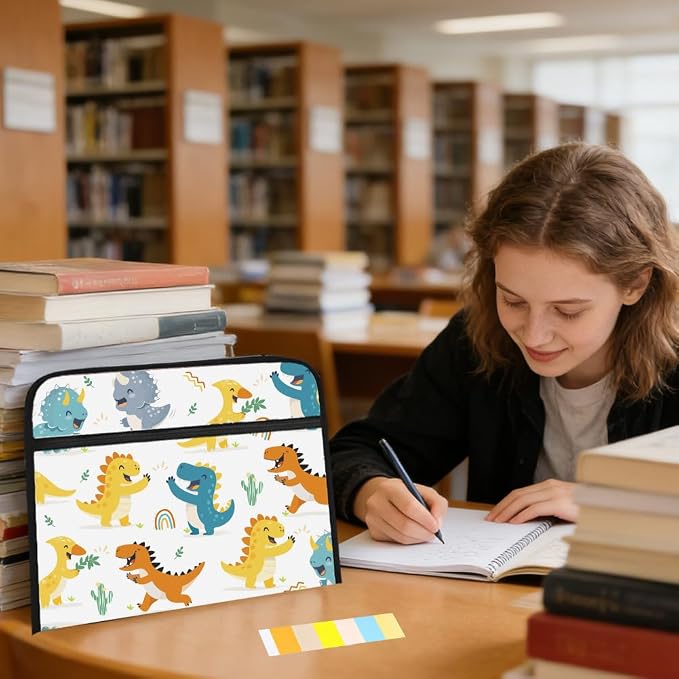 WEBEEDY Abstract Dinosaurs 13 Pockets Expanding File Folder with Labels and Zipper, Cute Dinosaurs Plants Prints Accordion Folder Portable File Organizer for A4 Paper Document Receipt Paperwork Office