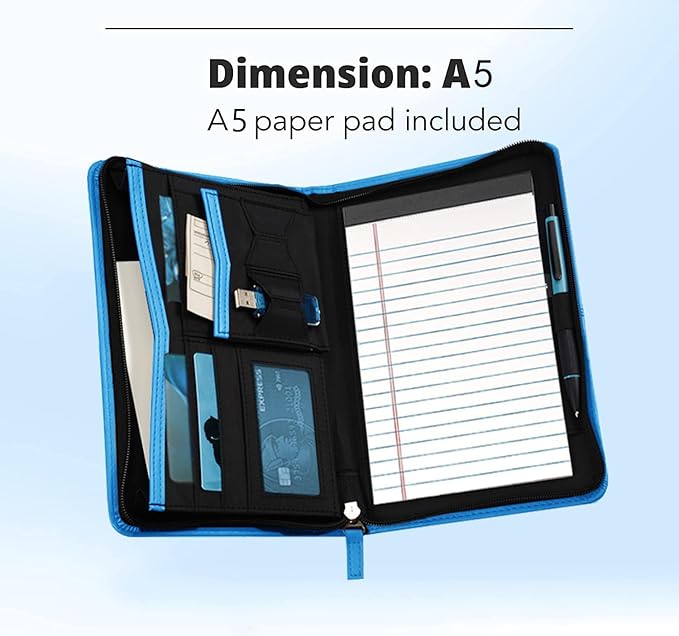 Lcjtop Junior Business Padfolio - A5 PU Leather Portfolio Binder & Zippered Binder Folder with 5 x 8 Writing Pad and Interior Storage Pocket Executive Business Organizer for Women,Blue