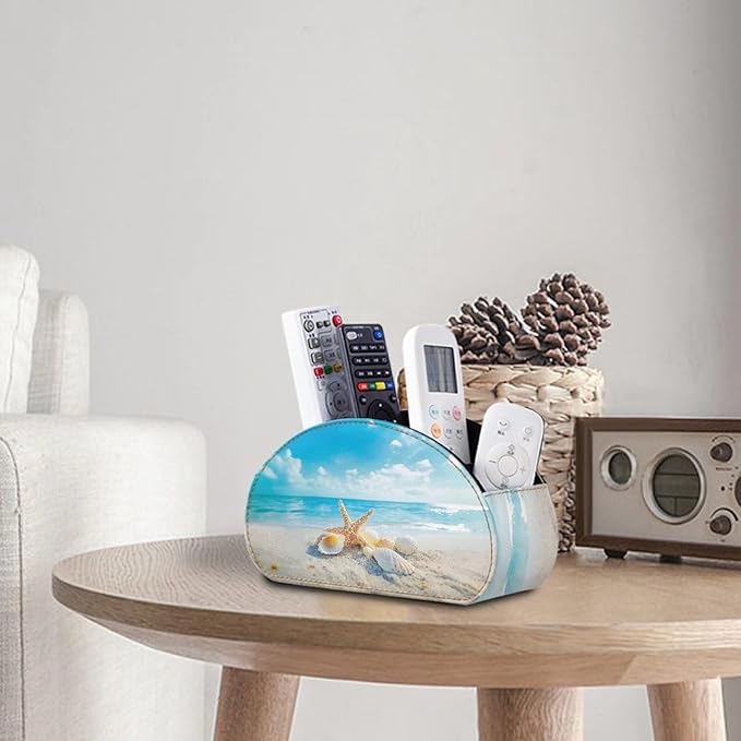 Forchrinse Blue Sky Hawaii Starfish Leather TV Remote Control Holder with 5 Compartments,Desktop Media Player Remote Caddy Storage Box Organizer Non Slip
