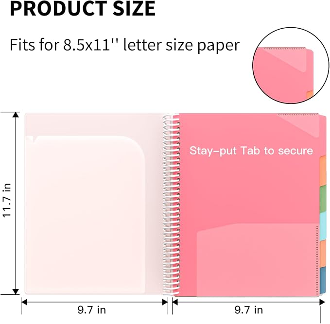 12 Pocket Project Organizer, 6 Colors Multi Pocket Folder Binder with Dividers, Spiral Pocket Notebook with Zipper Pouch, Office Organizer File Folders, Letter Size, School Supplies, White
