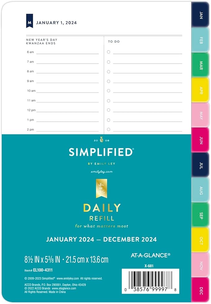 AT-A-GLANCE Simplified by Emily Ley 2024 Daily Refill Set, 5-1/2" x 8-1/2", Desk Size, One Page Per Day Refill (EL100-4311-24)