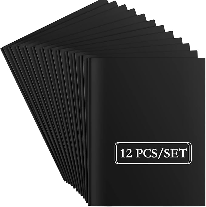ViVin 12 Pack Plastic Folders with Pockets and Prongs, Heavy Duty 2 Pocket Folders with 3-Prong Fasteners, Poly File Holds 8-1/2" x 11" Paper for School Office Home (Black)