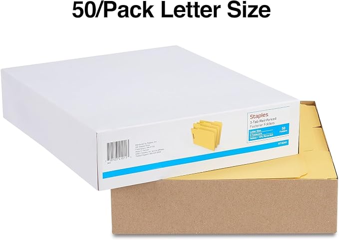 Staples Reinforced Tab Fastener Folder, Letter Size, Yellow Pressboard, Durable Construction, 50/Box
