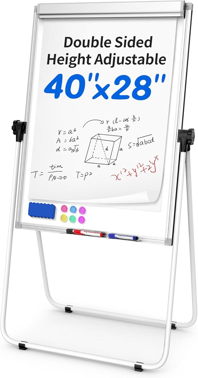 U Stand Double Sided Magnetic Dry Erase Board with Easel Stand, 40"x28" Whiteboard with Flipchart Paper Pad (25 Sheets)- Height Adjustable Standing Whiteboard for Office, Homeschooling & Studio, White