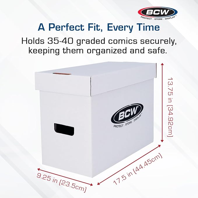 BCW Graded Comic Book Storage Box - 5 Pack | Durable White Corrugated Paper | Fits CGC Comics, Holds 35-40 Graded Comic Books | Double Thickness Handles & Reinforced Bottom