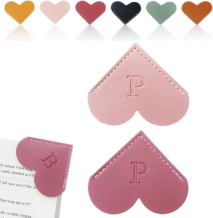 Personalized Leather Heart Bookmark, 26 Letters Customized Corner Book Mark for Reading Women, Book Marker with Initials，Cute Gifts (Light Pink+Deep Pink, P)