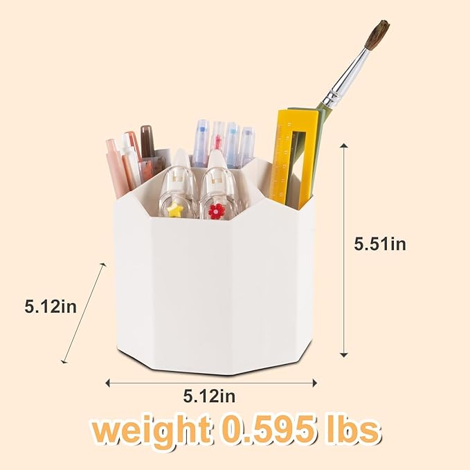 Pencil Pen Holder, 360° Rotating Pen Holder, Desk Organizer with 5 Slots, Desktop Stationery Storage for Office, School & Home, Art Supplies Desktop Decor, White
