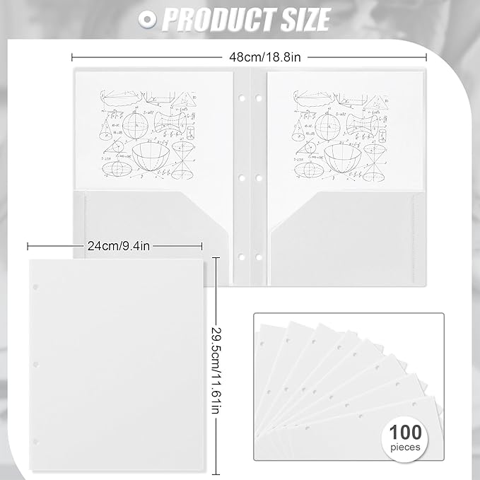 Yeaqee 100 Pcs Plastic Folders with Pockets Bulk 3 Hole Punched 2 Pocket File Folders for 3 Ring Binder Divider Folder for Notebooks, Durable Poly for Office Home (White)