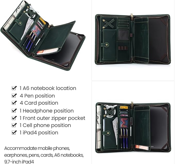 Leather Case for ipad Pro 11" Genuine Leather Smart Folio with Pencil Holder Zipper Pocket Multifunctional iPad case Compatible with iPad 11 /iPad 10.5/10.2 inch ipad/iPad 9.7 (Green)