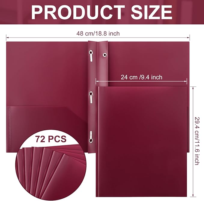 Cholemy 72 Packs Pocket Folders with Prongs Heavy Duty Plastic Folder with Business Card Slot 3 Prong Fasteners for School Office (Burgundy)