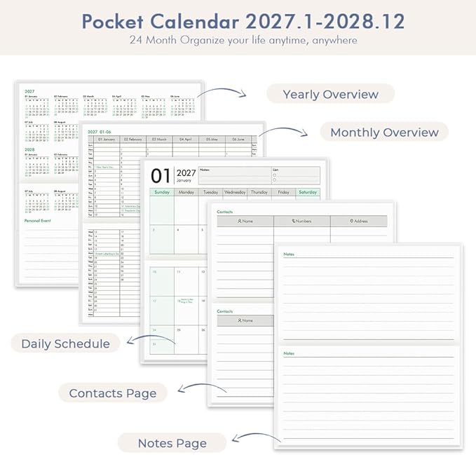 Pocket Calendar 2027-2028 for Purse, Small Pocket Planner 2027-2028 for Purse 3.5×6.5In, 24 Month Organizer from Jan 2027- Dec 2028 Mini Planner with Pvc Cover for Organizing & Planning