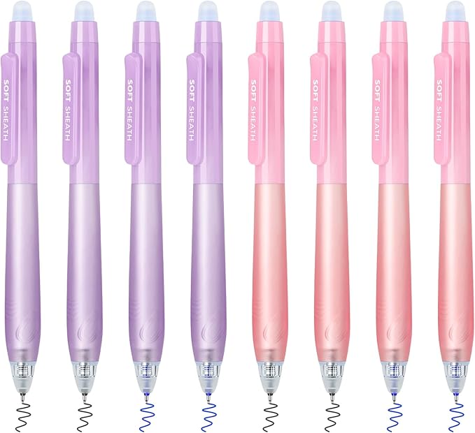 Temiary 8 PCS Retractable Erasable Pens (4 Black & 4 Blue), Heat Sensitive 0.5 mm Fine Point Erasable Gel Ink Pen, Eraser Pen for Journaling Crossword Puzzles School Office Supplies (Purple & Pink)