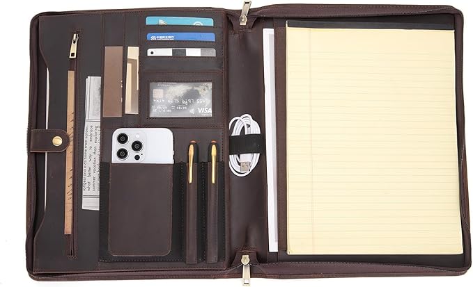 Genuine Leather Portfolio for Women and Men, 8.5 x 11 Legal Pad Padfolio, Zippered Notebook Organizer for 13” Laptop, Business Executive Professional Folio for Work, Dark Brown