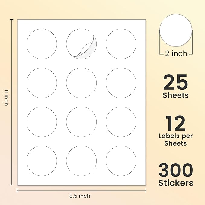 L LIKED 2'' Diameters Round Printable 300 Labels Sticker Labels for Laser/Inkjet Printer, Matte White Blank Circle Stickers for Jar Packaging or Product Labeling (25 Sheets)