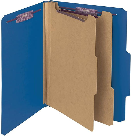 Smead Pressboard Classification File Folder with SafeSHIELD Fasteners, 2 Dividers, 2" Expansion, Letter Size, Dark Blue, 10 per Box (14032)