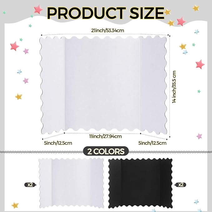Mooliwe 4 Pack 21" x 14" Trifold Poster Board Black White Corrugated Scalloped 3 Fold Small Display Boards Foldable Business Paper Board for Presentation Science Fairs Event School Projects