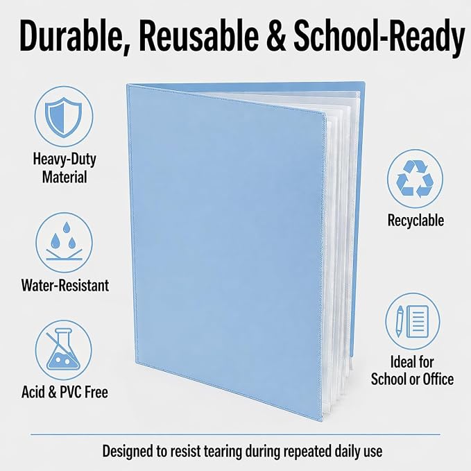 Ultra PRO - 50 Pack Light Blue Heavy Duty 2-Pocket Folders with 6 Clear Internal Pages, Waterproof Poly Project Organizer for School and Office, Fits 8.5 x 11 Letter Size, Customizable Clear Covers
