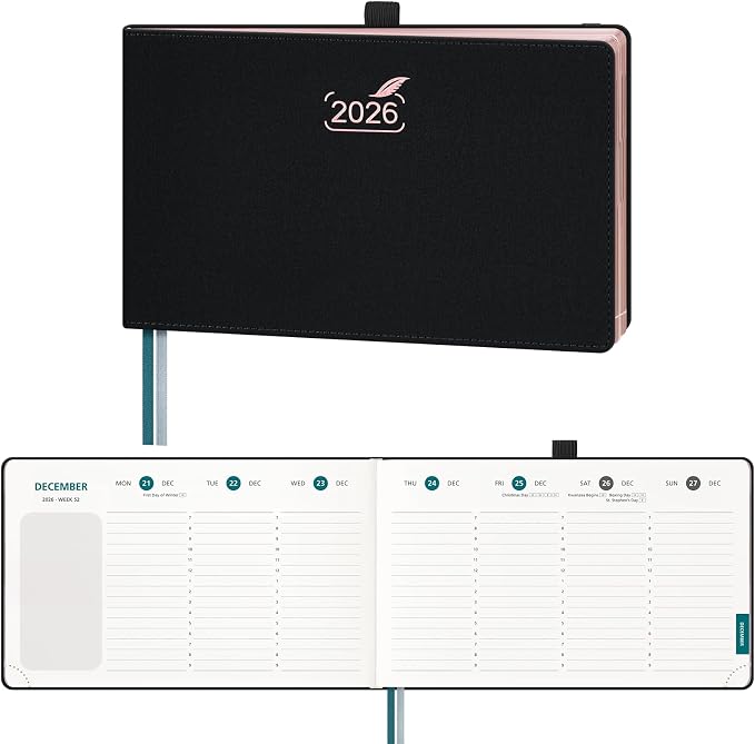 BEZEND 2026 Planner Weekly and Monthly (9" x 5.5") Calendar Book with Daily Vertical Timeslot & Note (Jan-Dec), Equal Space Even Weekends, Work Home Women, PU Leather Hardcover - Black