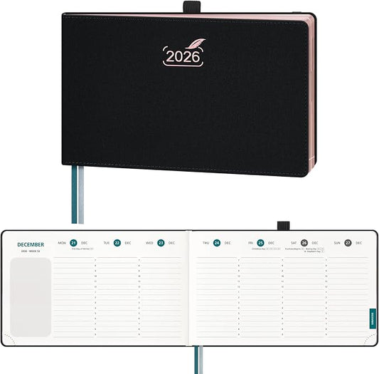 BEZEND 2026 Planner Weekly and Monthly (9" x 5.5") Calendar Book with Daily Vertical Timeslot & Note (Jan-Dec), Equal Space Even Weekends, Work Home Women, PU Leather Hardcover - Black