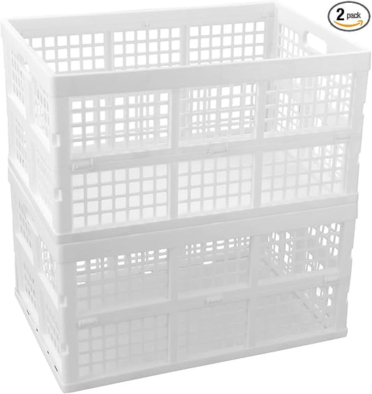 Asking 2-Pack 42 L Stackable Collapsible Crate, Plastic Folding Storage Crate, White