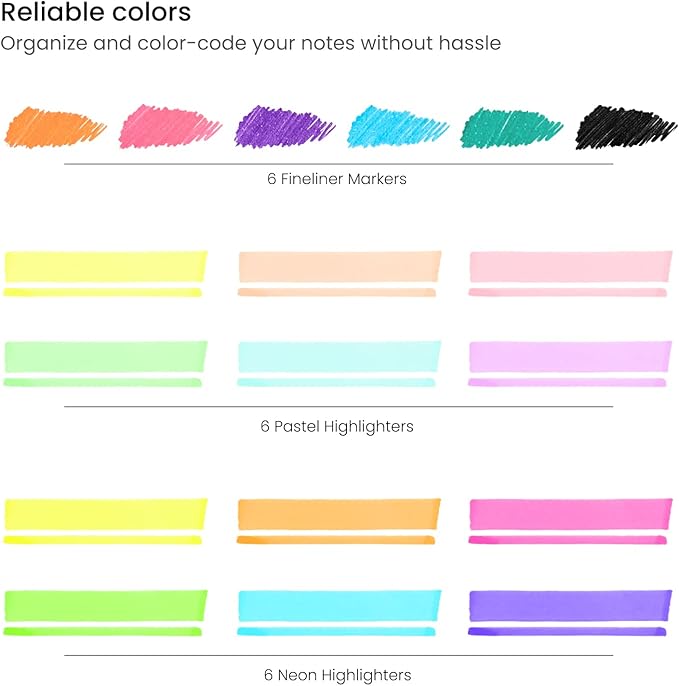 ARTEZA Highlighters – 18-Piece Set of Neon and Pastel Colors with Fineliner Pens for Journaling, Study, Planning & Note Taking, No-Bleed Ink