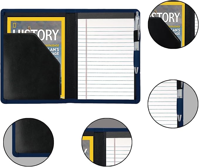 Mini Padfolio/Junior Portfolio Folder Case, Business A5 Binder Organizer Notepad for Men Women, 5 x 8 Writing Pad Included, Navy Blue.