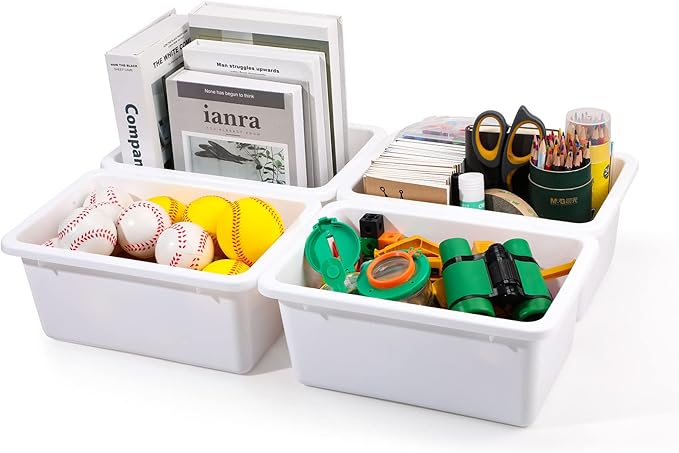 Outus 24 Pack Book Bins for Classroom Plastic Cubby Storage Bins Colored Kids Toy Organizer Container with 120 Pcs Self Adhesive Label for Student Teacher Library School Office Home(White)