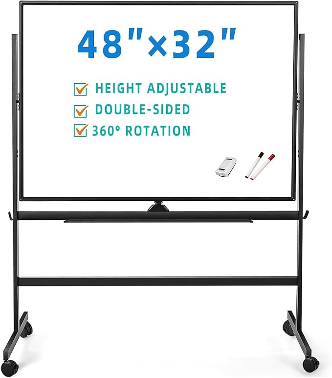 BIBOC 32x48 Inches Large Mobile Dry Erase Whiteboard with Rolling Stand - Double Sided Height Adjustable Whiteboard for Office, School - Aluminum Frame & Durable Writing Surface