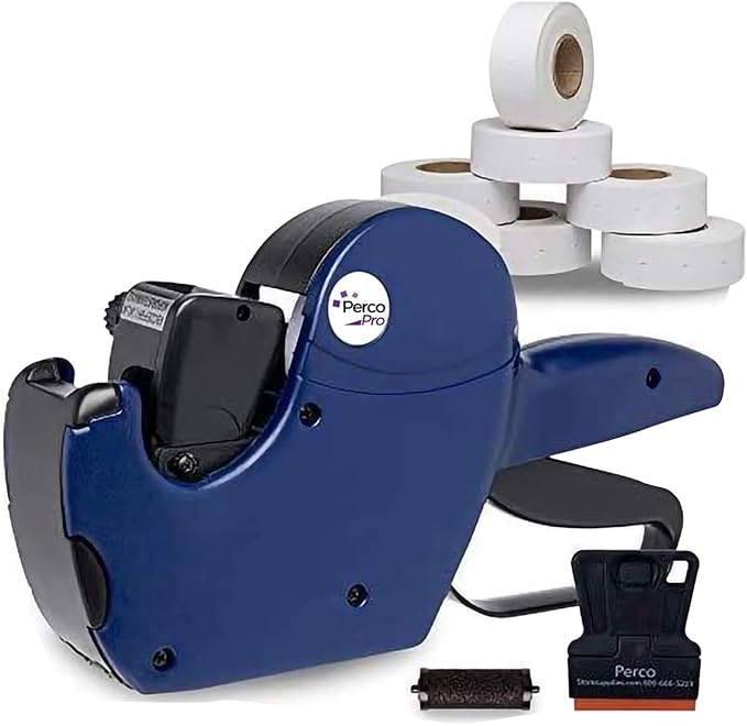 Perco Pro 1 Line Date Label Gun Kit, Includes 8 Digits Date Gun Labeler, 10,000 Plain White Labels, and Preloaded Inker Bundled w Perco Ink Roll for Perco Pro 1 Line & Perco Pro 2 Line Perco Labelers