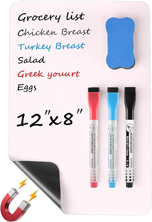 MaxGear Magnetic Pink Dry Erase Board Sheet 12"x8" for Refrigerator, Small Fridge Magnetic Whiteboard for Kitchen, Fridge Shopping List for Family Planner and Grocery List, 1 Eraser, 3 Markers