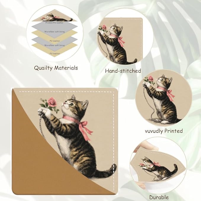 2PCS PU Leather Bookmarks 3.5x3.5 Inch Cat Rose Design | PU leather bookmarks with cat and pink rose design for novels, journals, planners, students, teachers and book lovers.