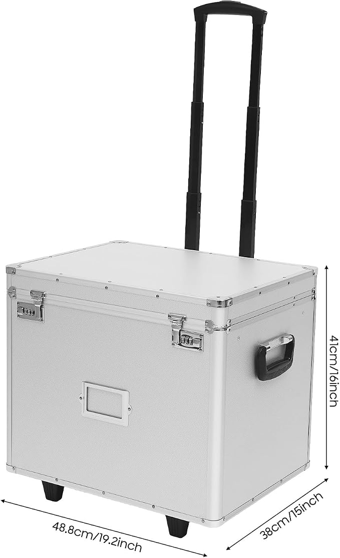 Rolling File Box with Telescopic Handle, Locking File Cabinet with Lock, Files Cart with Wheels, Mobile Business Case, Aluminum Alloy Hand Pull File Case for Home, Office, Bank - Silver