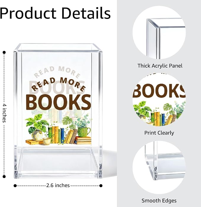Read More Books Acrylic Pen Holder Cosmetic Organizer, Funny Potted Pen Pencil Holders for Desk, Reading Nook Accessories for Bookworm, Bookmark Holder for Bookshelf, Librarian Teacher Gifts