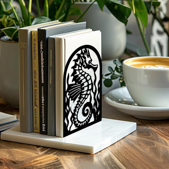 Peacoblue Metal Bookends for Shelves, Modern Decorative Heavy Duty Study Book Support Stoppers for Office, Desk, Shelf, Room 5.3"x4.3"x7.9" Cast Iron Simple Tall Bookends, 1 Pair (Seahorse)