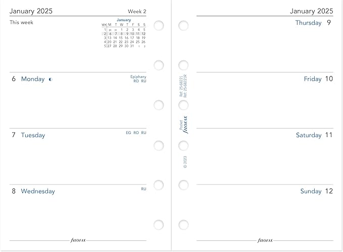 Filofax Calendar Diary Refill, Pocket Size, Week-to-View, White Paper, Unruled, English, 2025 (C68221-25)