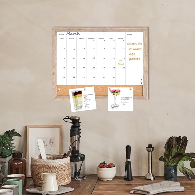 Monthly Calendar Dry Erase White Board & Cork Bulletin Board，13" x 17" Light Brown Wood Frame，Magnetic Surface Whiteboard.Perfect for Organizing Your Space.Whiteboard+Cork-3343B-QZ