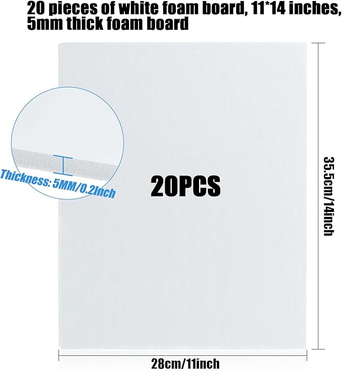 20Pcs White Foam Board 14 x 11 inch White Poster Board 3/16" Thick Foam Core Board White Foam Backing Boards for Crafts Poster Making Art Presentations