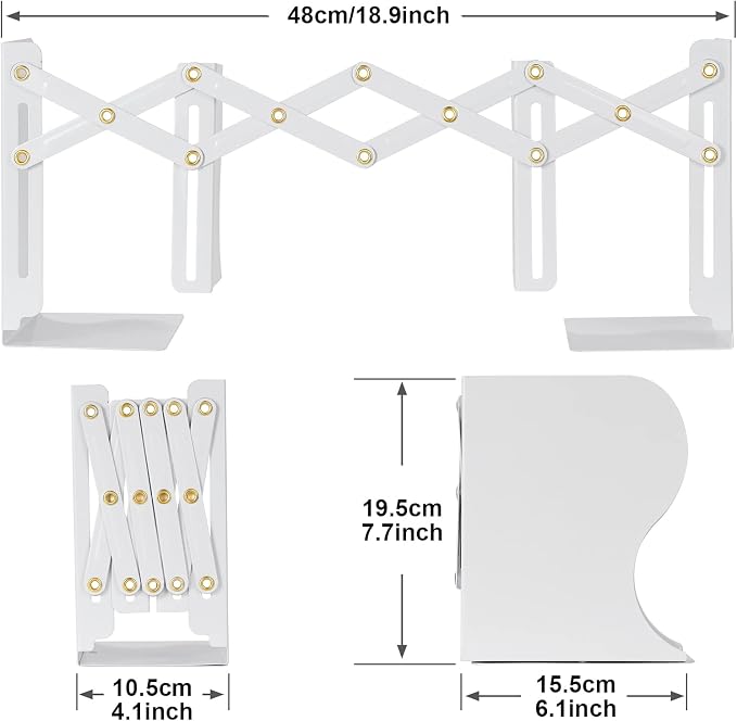 Adjustable Book Ends, Metal Iron Non Skid Boo kends, Expandable Bookcase Bookend Stand Holder Book Storage Rack, Heavy Bookends for Office Desk, Shelf, Stationery (White)