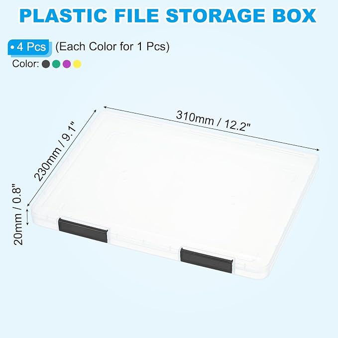 PATIKIL Clear A4 File Portable Project Case with Buckle Plastic Storage Box for 8.5" x 11" Letter Paper Scrapbook Paper Storage Boxes, 4Pcs, 12.2"x9.1"x0.8", Multicolor